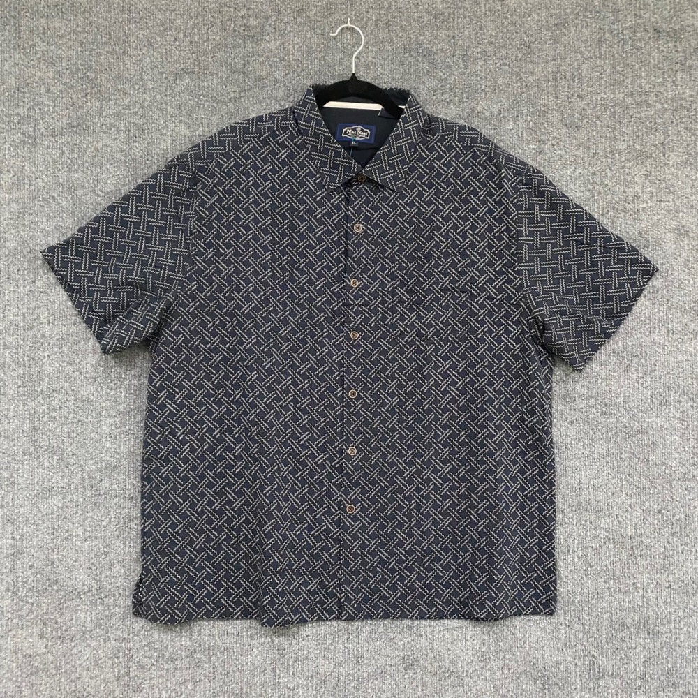 Nat Nast Mens XL Silk Cotton Short Sleeve Button Down Shirt Navy Geometric 1353 - Picture 1 of 16